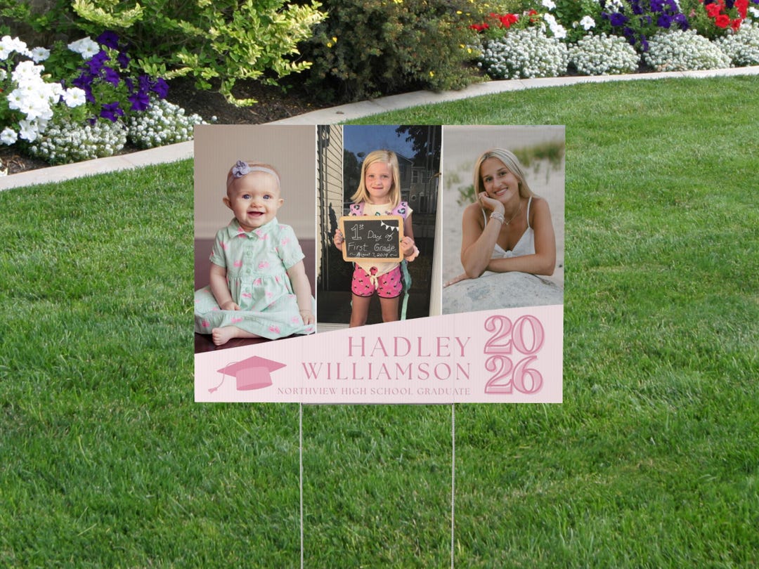 Pink Graduation Photo Yard Sign, Custom Now and Then Lawn Sign 3 ...