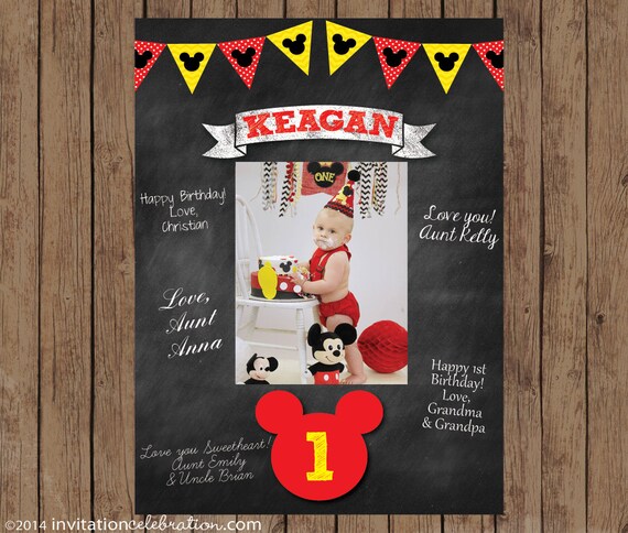 Birthday Signature Mat - Wishes - Guest Book - Mickey Mouse Chalkboard - PRINTABLE - Red and Yellow - Digital - First Birthday Il_570xn