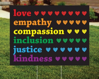 LGBTQ Pride Month Yard Sign, Rainbow Hearts, Gay Pride, Ally Support, Rainbow, Inclusion, Justice, Kindness Lawn Sign, FREE SHIPPING