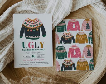 May include: Invitation to an Ugly Christmas Sweater Party at Dane & Meghan's on December 16th at 6:00 PM. The invitation features a festive, colorful sweater design and encourages guests to wear their ugliest holiday attire.