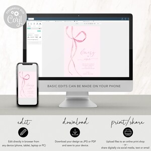 May include: A digital template for a pink and white invitation with a pink ribbon and the text "Emery is one". The template can be edited and downloaded as a JPG or PDF.