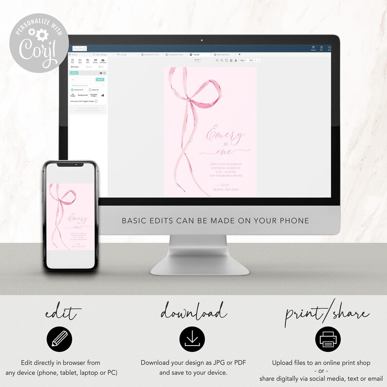 May include: A digital template for a pink and white invitation with a pink ribbon and the text "Emery is one". The template can be edited and downloaded as a JPG or PDF.