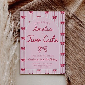 Two Cute birthday invitation with pink striped background, red bows, and elegant typography for a girl’s second birthday party.