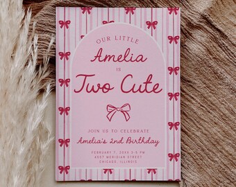 Dos lindas invitaciones de cumpleaños, con lazo rosa y rojo, para el segundo cumpleaños de una niña, para una fiesta coqueta, plantilla editable en Corjl.