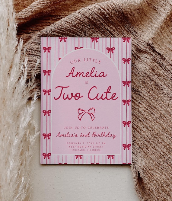 Two Cute Birthday Invitation, Pink Red Bow Birthday Invite, Girl 2nd Birthday, Coquette Party Invite, Editable Corjl Template