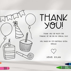 Tarjeta de agradecimiento de cumpleaños para niños editable - Colorear - Personalizado - BRICOLAJE - Plantilla - EDITARSE
