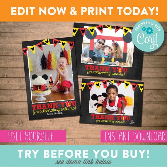 Chalkboard Mickey Thank You Card - Mickey Photo Thank You - Mickey Digital Thank You Card - Mickey Mouse First Birthday - EDITABLE - DIY Il_570xn