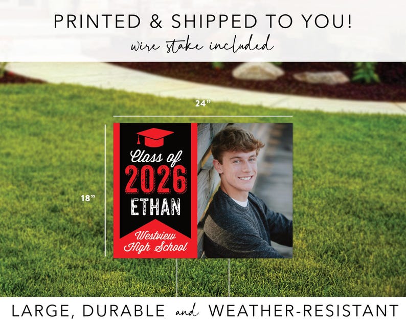 Graduation Photo Yard Sign - 2026 Graduation Outdoor Party Sign - Red and Black Senior Yard Sign - Printed and Shipped to You, FREE SHIPPING image 2