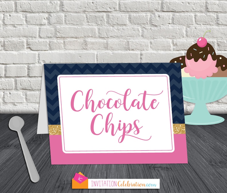 Food Label Tent Cards 8 itemscards Navy Blue Chevron PRINTABLEDIGITAL Choose Folded Tent or Flat Label Pink Glitter Gold