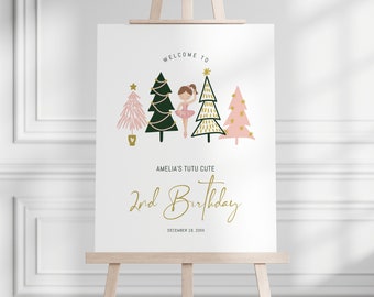 Tutu Cute 2nd Birthday Sign, Girl Winter Christmas Second Birthday Party - Pink Green Peach Gold, Ballerina, Welcome Sign, EDITABLE, DIY