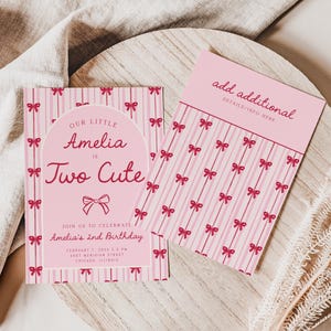 Två söta födelsedagsinbjudningar, rosa röd rosett födelsedagsinbjudan, flicka 2-årsdag, kokettfestinbjudan, redigerbar Corjl-mall bild 4