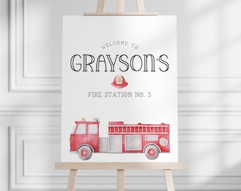 Firetruck Birthday Sign - Firefighter - Fire Engine Birthday Party - Welcome Sign - Entrance Sign - Wall Decoration - EDITABLE - DIY
