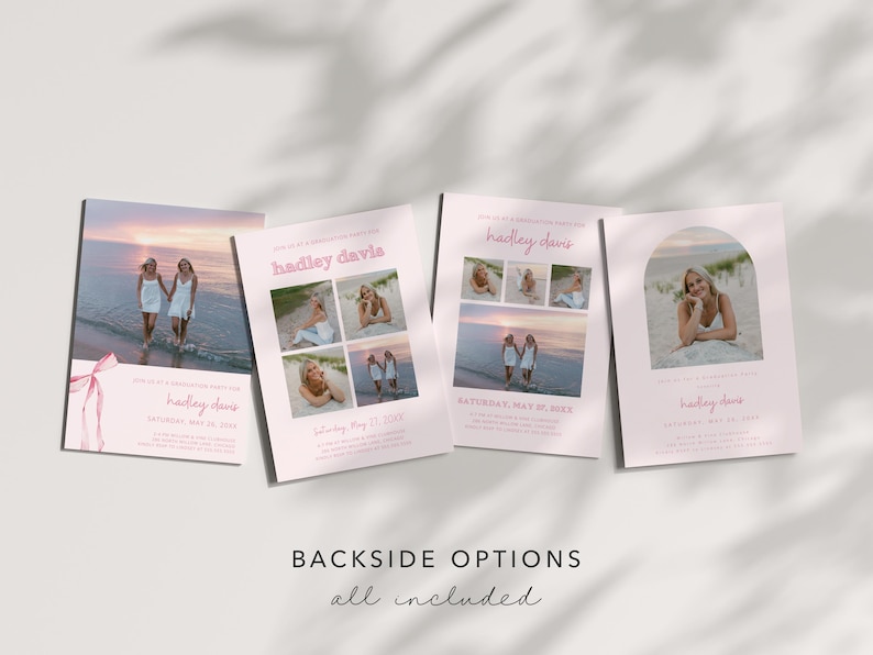 Pink Bow Graduation Invitation, Canva Template, Editable Girly Grad Party Invite, Coquette Bow, Aesthetic Senior Announcement Photo image 2