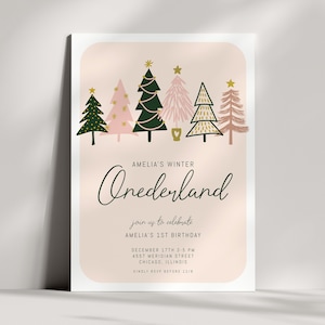 Girl Winter ONEderland Birthday Invitation - December First Birthday Invite - Pink Green Peach Gold - Printable - Editable Template - DIY