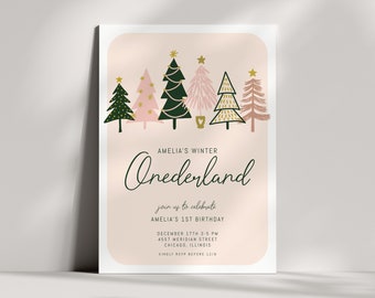 Girl Winter ONEderland Birthday Invitation - December First Birthday Invite - Pink Green Peach Gold - Printable - Editable Template - DIY