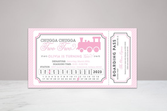 Pink Train Ticket Birthday Invitation - Girl Train Party - Train Ticket - Chugga Chugga Two Two - Choo Choo - All Aboard - Editable