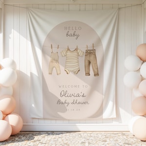 Toile de fond en forme d'arche pour baby shower | Bannière neutre pour baby shower avec corde à linge | Décoration pour photomaton révélateur de genre | Enseigne personnalisée pour baby shower