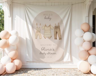 Arco de fondo para baby shower / Banner de tendedero neutro para baby shower / Decoración para fotomatón de revelación de género / Letrero personalizado para baby shower
