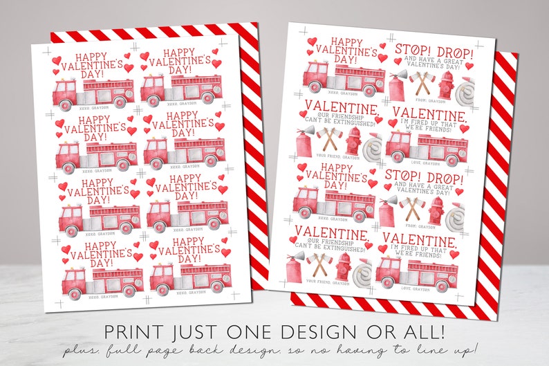 K&ouml;nnte beinhalten: Valentinstagskarten mit roten Feuerwehrautos, Herzen und Text. Ein Design sagt "Happy Valentine's Day!" und das andere sagt "Stop! Drop! And have a great Valentine's Day!" mit anderen S&auml;tzen. Die Karten haben einen rot-wei&szlig; gestreiften Rand.