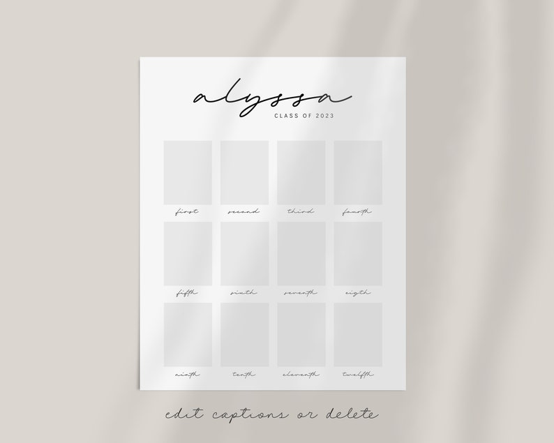 May include: A printable graduation photo template with the name "alyssa" and the text "Class of 2023". The template has 12 blank squares for photos, labeled "first" through "twelfth".