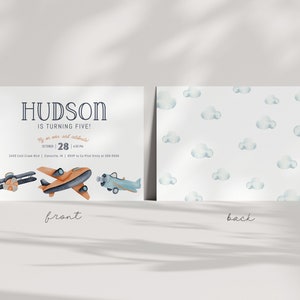 May include: A blue and orange aeroplane birthday invitation with the text "HUDSON IS TURNING FIVE!" and "Fly on over and celebrate!" with the date "OCTOBER 28" and the time "4:00 PM". The back of the invitation has a pattern of light blue watercolour clouds.