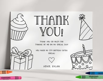 May include: Black and white colouring page with the text "Thank You!" and illustrations of a cupcake, a birthday hat, a present, a birthday cake, and a heart. The text below the greeting says "Thank you so much for thinking of me on my special day! You made my 5th birthday extra special! XOXO, Rylan."