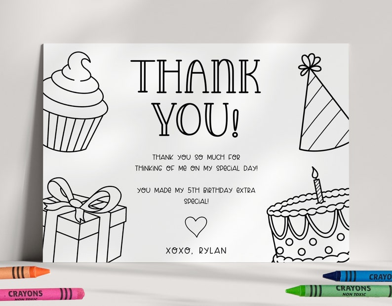 Editable Kids Birthday Thank You Card - Coloring - Personalized - DIY - Template - EDIT YOURSELF image 1
