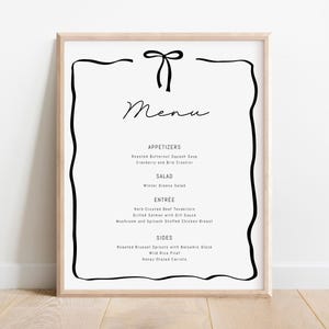Black Bow Menü - 2 Speise- und Bar-Getränke-Speisekarten-Vorlagen, moderne minimalistische Party-Speisekarte - Coquette Bow Schild - EDITIERBARE Vorlagen
