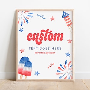 Placa personalizada de 4 de julho - Placa de fogos de artifício e picolés - Placa vermelha e branca de vencimento, Placa vermelha e branca de dois, Modelo EDITÁVEL - Faça você mesmo