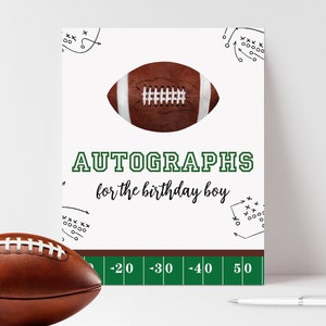 May include: A white card with a brown football illustration and the text "AUTOGRAPHS for the birthday boy". The card has a green football field design at the bottom with yard markers from -20 to 50.