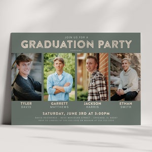 Joint Graduation Party Invitation for 4 friends or siblings.  Four individual photos on front with party event details.  Optional backside focus in on one graduate.