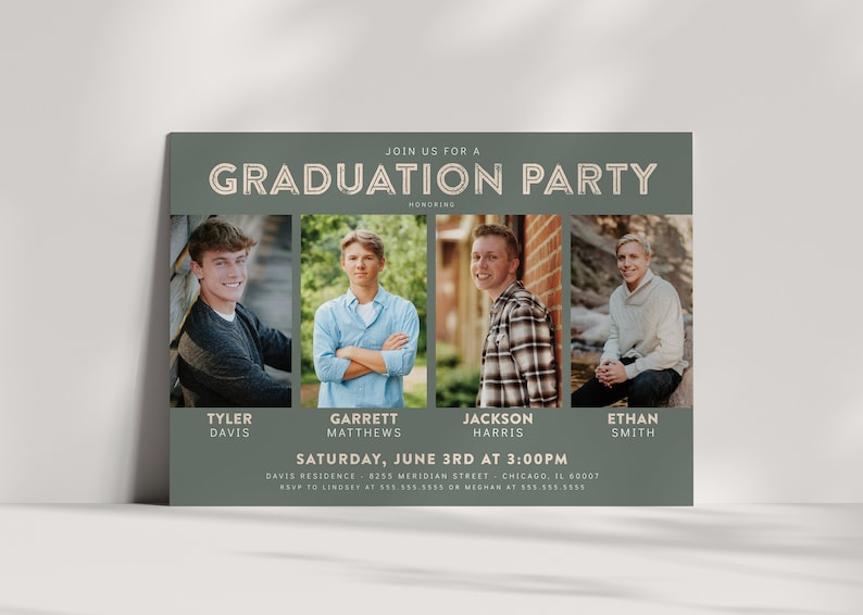 Joint Graduation Party Invitation for 4 friends or siblings.  Four individual photos on front with party event details.  Optional backside focus in on one graduate.