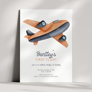 Airplane Birthday Invitation - 1st Birthday Airplane Party Invite, First Flight, Pilot, Editable Template Printable, Boy Party Invite - DIY