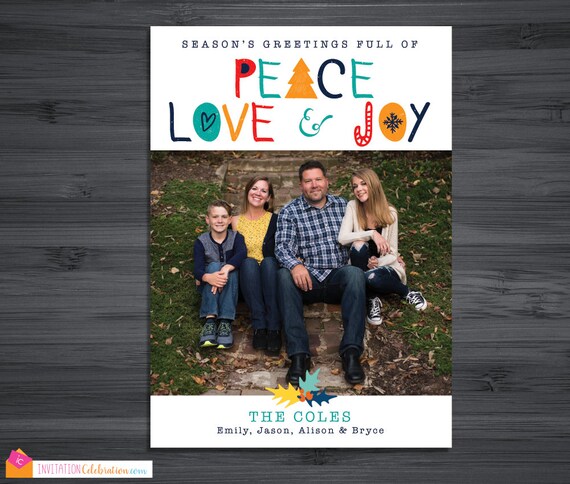Peace Love Joy Holiday Card - Family Photo Holiday Card - Colorful Christmas Card - Choose Digital or Printed with Envelopes FREE SHIPPING Il_570xn