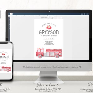 Puede incluir: Una plantilla de invitaci&oacute;n de cumplea&ntilde;os digital mostrada en un monitor de computadora y una pantalla de tel&eacute;fono inteligente. El dise&ntilde;o presenta un cami&oacute;n de bomberos rojo en acuarela, un casco de bombero y el texto Sound the Alarm! Grayson is turning three!