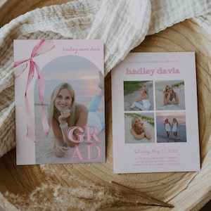 Invitación de graduación con lazo rosa, plantilla de Canva, invitación editable para fiesta de graduación femenina, lazo rosa coqueto, foto estética de anuncio de último año