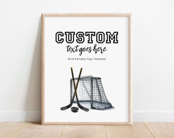 Plantilla editable para letrero de hockey, letrero para fiesta de hockey, letrero personalizado de cumpleaños de hockey, descarga instantánea de Corjl, imprimible para fiesta deportiva de 8x10 pulgadas.