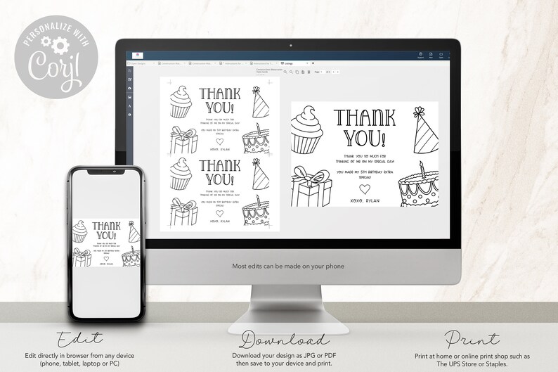 Editable Kids Birthday Thank You Card - Coloring - Personalized - DIY - Template - EDIT YOURSELF image 2