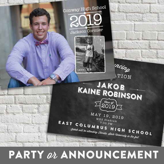 Boy Graduation Invitation - Now and Then with Childhood Photo - Retro - Chalkboard - Choose Digital or Printed w/ Envelopes Il_570xn