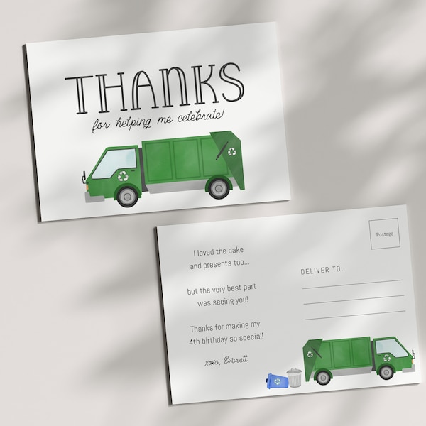 Editable Garbage Truck Party Thank You Postcard - Trash Truck - Recycling Truck Birthday Party Thank You Card - 4x6 - Printable - Template