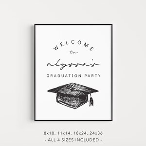 Pu&ograve; includere: Una stampa in bianco e nero incorniciata con la scritta "WELCOME to alyssa's GRADUATION PARTY" in un carattere elegante. Un disegno di un cappello di laurea &egrave; sotto il testo. La stampa include quattro opzioni di dimensioni: 20x25, 28x36, 46x61, e 61x91 cm.