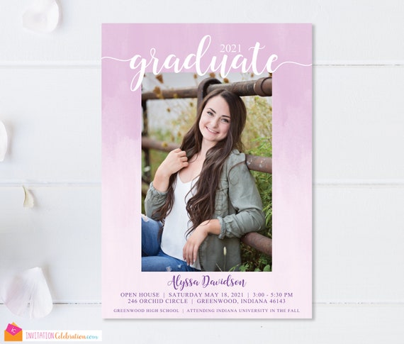 Watercolor Graduation Invitation - Ombre - Lavender - Girl Open House Invitation - Graduation Party - DIGITAL or PRINTED - Announcement Il_570xn