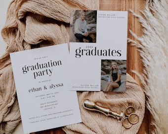 Two Person Graduation Announcement - Twins, Siblings, Friend, Photos, Joint Grad Party Invitation Template