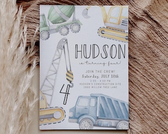 Modern Construction Birthday Party Invitation - Muted Blue, Green, Yellow Excavator, Dump Truck, Crane, Watercolor Construction Corjl Evite