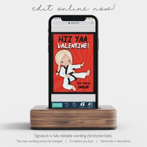 May include: A digital Valentine's Day card featuring a cartoon girl in a white karate uniform with a black belt, kicking. The card has a red background with a white and black comic book style speech bubble that says "HII YAA VALENTINE!" and a white text box that says "Your friend, ZAILEE".