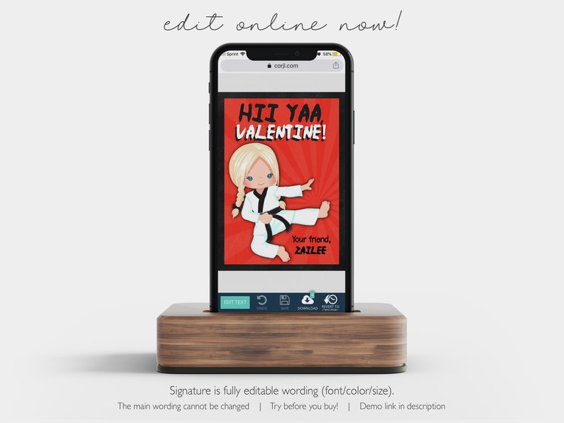 May include: A digital Valentine's Day card featuring a cartoon girl in a white karate uniform with a black belt, kicking. The card has a red background with a white and black comic book style speech bubble that says "HII YAA VALENTINE!" and a white text box that says "Your friend, ZAILEE".