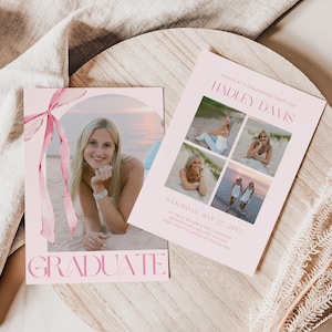 Pink Bow Graduation Invitation with Photo, Canva Template, Editable Girl Grad Party Evite, Pink Coquette Bow, Aesthetic Grad Announcement