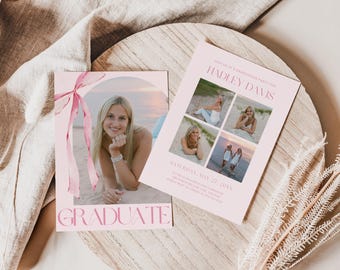 Pink Bow Graduation Invitation with Photo, Canva Template, Editable Girl Grad Party Evite, Pink Coquette Bow, Aesthetic Grad Announcement