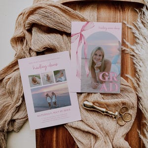Pink Bow Graduation Invitation, Canva Template, Editable Girly Grad Party Invite, Coquette Bow, Aesthetic Senior Announcement Photo image 4