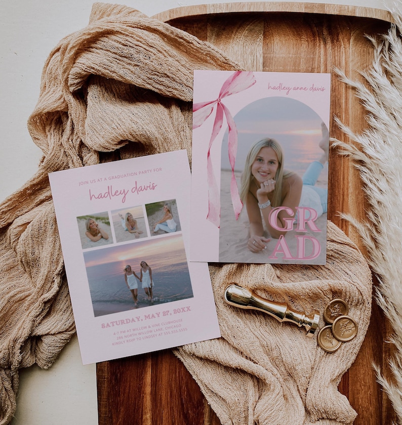 Pink Bow Graduation Invitation, Canva Template, Editable Girly Grad Party Invite, Coquette Bow, Aesthetic Senior Announcement Photo image 4